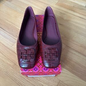 Tory Burch Georgia Ballet Burgundy Croc-Embossed Women's Flats
